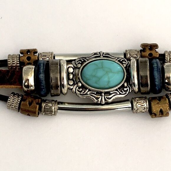 Multi-Strand Brown Cuff Bracelet with Turquoise-Blue Stone – Western Style - Picture 5 of 8